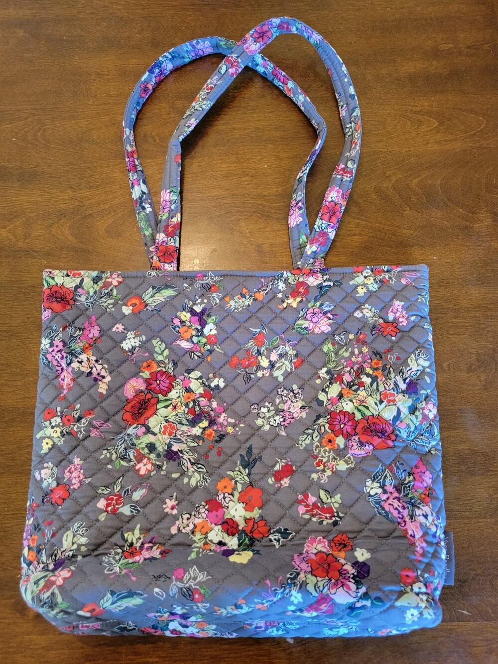 Vera Bradley Small Vera Tote Bag Hope Blooms Gray Quilted Floral EUC